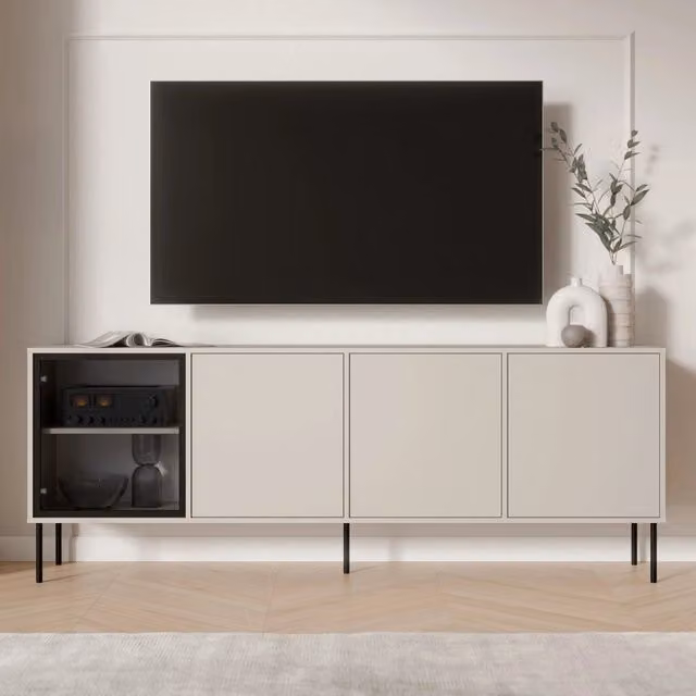 Madia Pizzo DMORA con 4 ripiani, colore beige, L 200 cm x P 40 cm x H 75 cm – 1