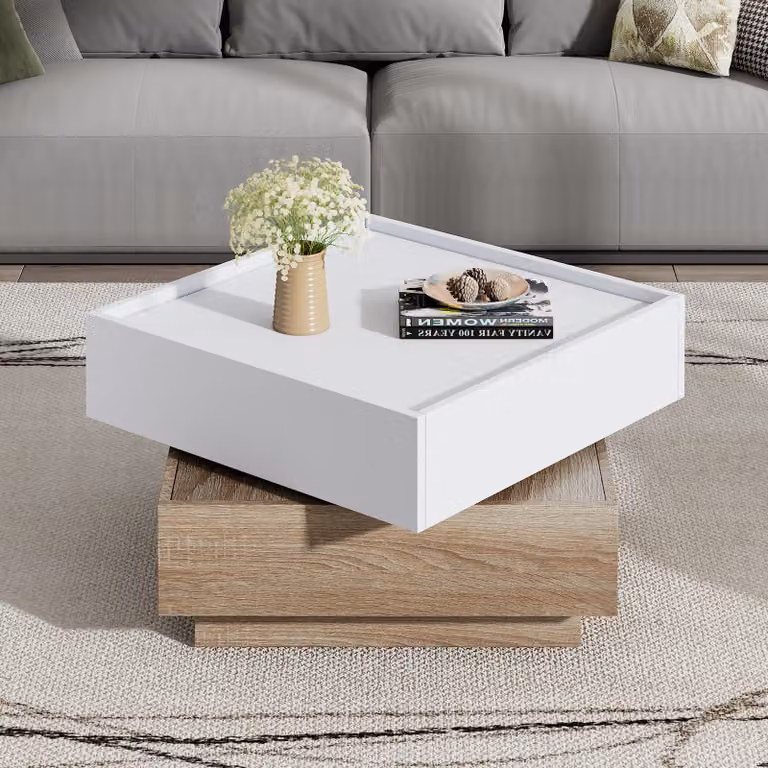 Abrihome Tavolino da salotto con piano girevole a 360°, quadrato-60x60x38 cm, con 2 ripiani e 2 cassetti, finitura naturale