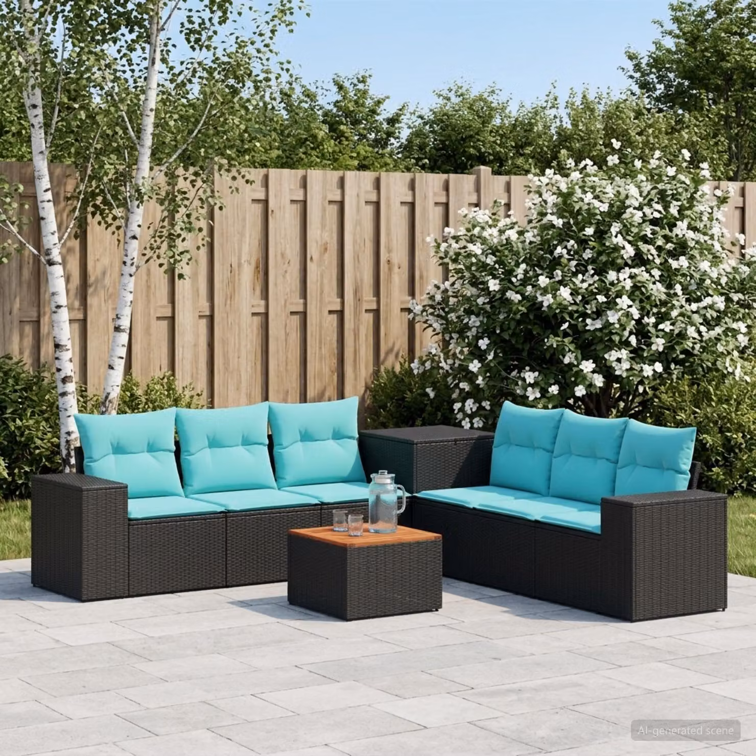 Set di divani da giardino vidaXL a forma di U composto da 8 pezzi in rattan sintetico e acciaio, colore nero e blu