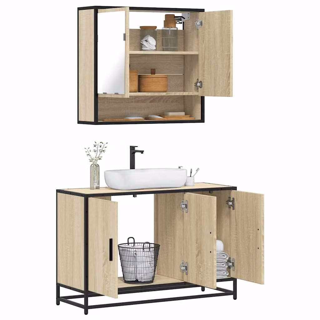 Set di mobili da bagno industrial vidaXL composto da mobile sottolavabo e armadietto con specchio in legno e metallo marrone L/P/H: 90 x 33 x 60 cm