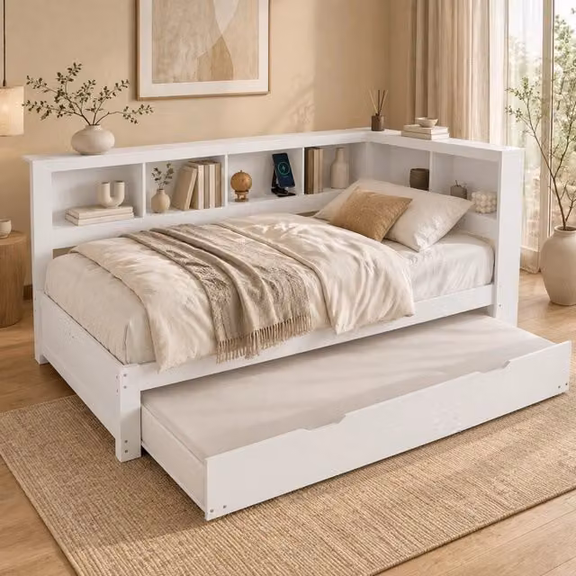 Letto singolo estraibile moderno bianco con porta USB e scomparti laterali L/P/H: 219 x 90 x 117 cm