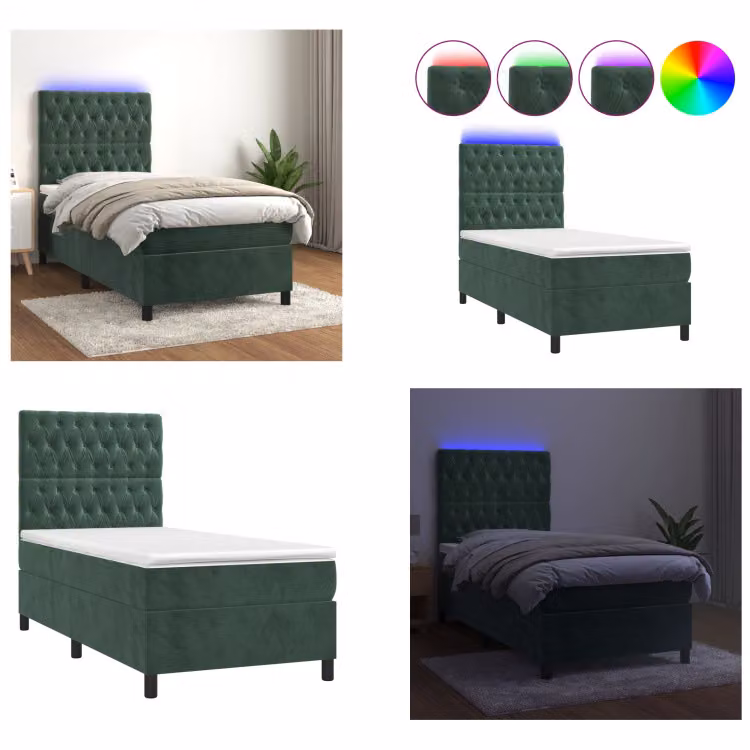 vidaXL Letto a molle con materasso e LED in velluto verde scuro 100x200 cm - Letto a molle - Boxspringbetten - Bett - Schlafzimmermöbel