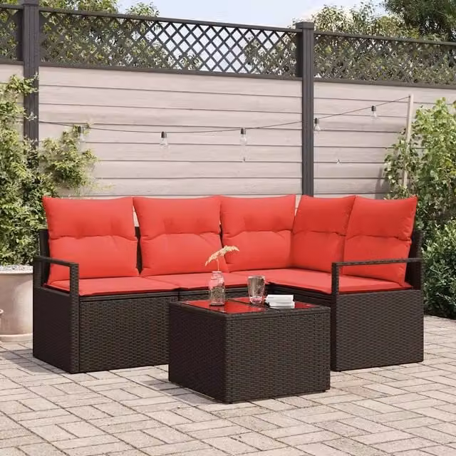 Set Divano da Giardino 5 pz Marrone e Rosso polyrattan 3355043