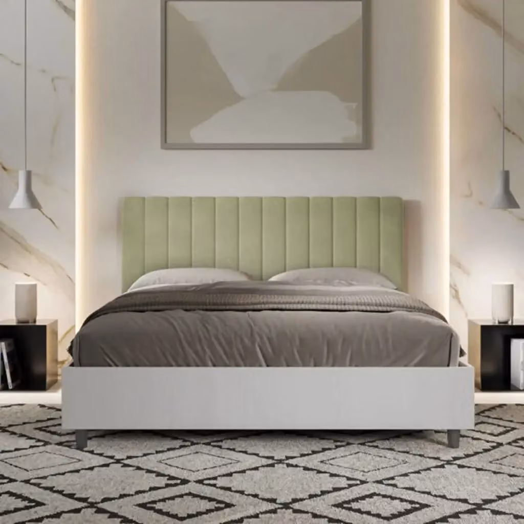 Letto matrimoniale Kaia Ityhome con rete e testata in microfibra color tè verde, finitura bianco frassino, L: 160 cm x P: 200 cm – 2