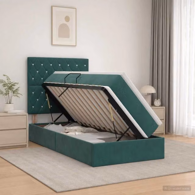 Letto con contenitore vidaXL in velluto verde con illuminazione LED e porta USB, L/P/H: 100 x 200 x 128 cm – 1