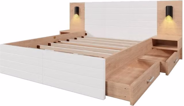 Letto matrimoniale in legno massello 140x200 cm con 2 cassetti, testiera con luce lettura e ricarica USB, inclusi 2 comodini, struttura in quercia/bianco (senza materasso)