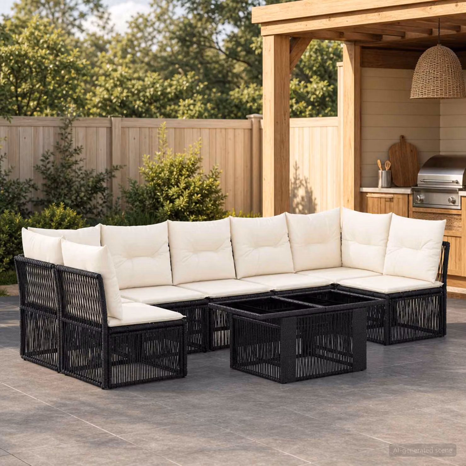 Set Divano da Giardino vidaXL 7 pz in Polyrattan Nero con Cuscini e Tavolino