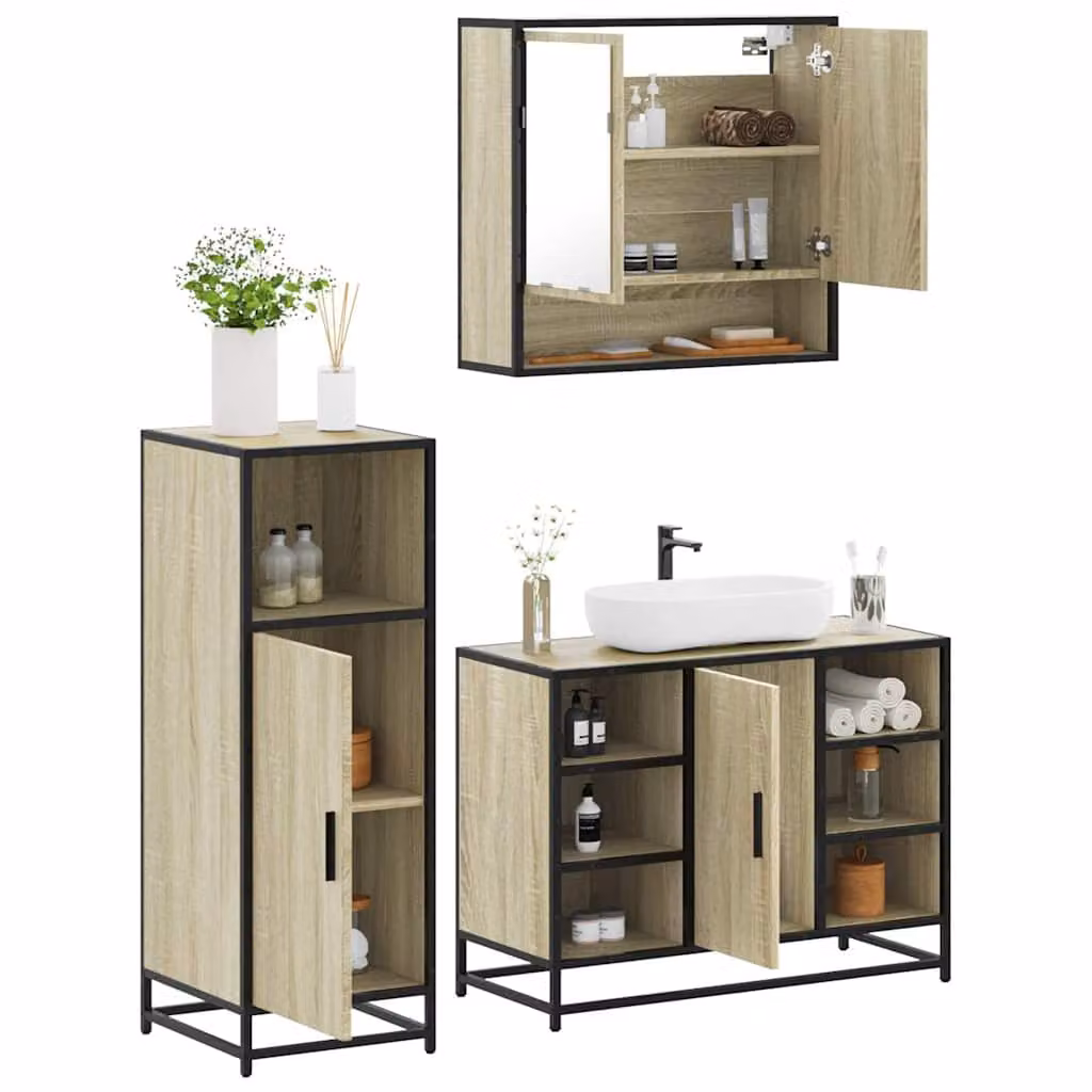 Set di mobili da bagno vidaXL 3 pezzi in stile industriale color rovere con illuminazione LED, composto da mobile lavabo, pensile con specchio e mobiletto laterale
