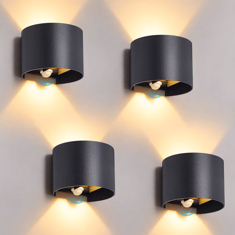 ZMH Lampada da parete LED per esterni, confezione da 4, grado di protezione IP54, rotonda, con sensore di movimento, 6W, 3000K, angolo di illuminazione regolabile, lampada da parete per esterni, ideale per ingressi, corridoi, balconi