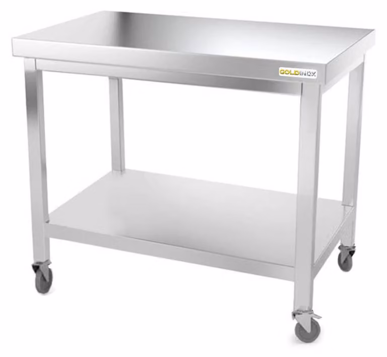Tavolo da lavoro in acciaio inossidabile, dimensioni 1000 x 600 mm, su ruote, PREMIUM - GOLDINOX