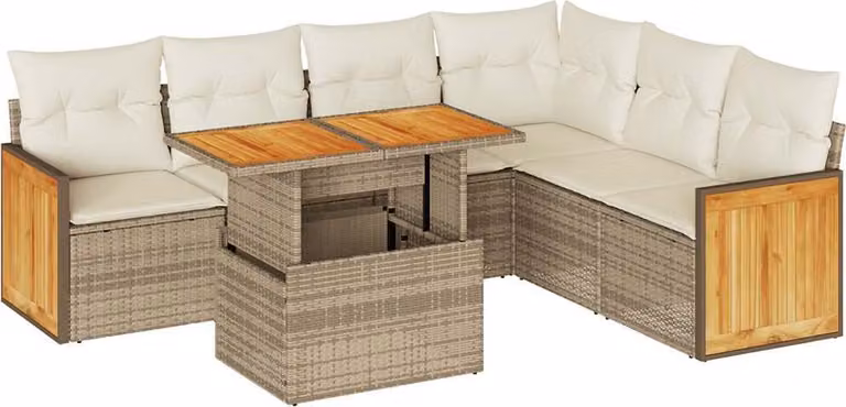 Set Divani da Giardino 7 pz con Cuscini Beige Polyrattan Acacia