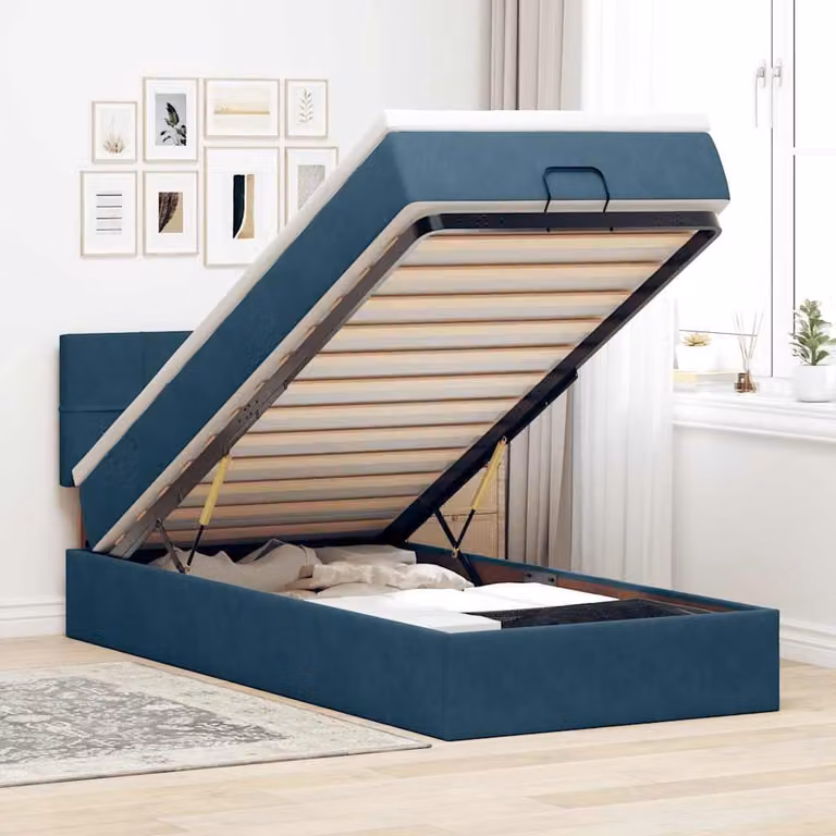 Letto con Pouf e Materasso vidaXL in Velluto Blu con Base a Sollevamento, Illuminazione Sotto il Letto e Porte USB, L/P/H: 90 x 190 x 44 cm