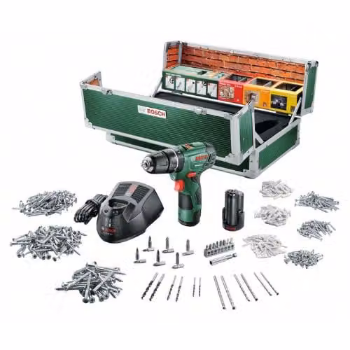 Trapano avvitatore a percussione a batteria Bosch PSB 10,8 LI-2 a due velocità, 2 batterie agli ioni di litio, set di accessori da 508 pezzi