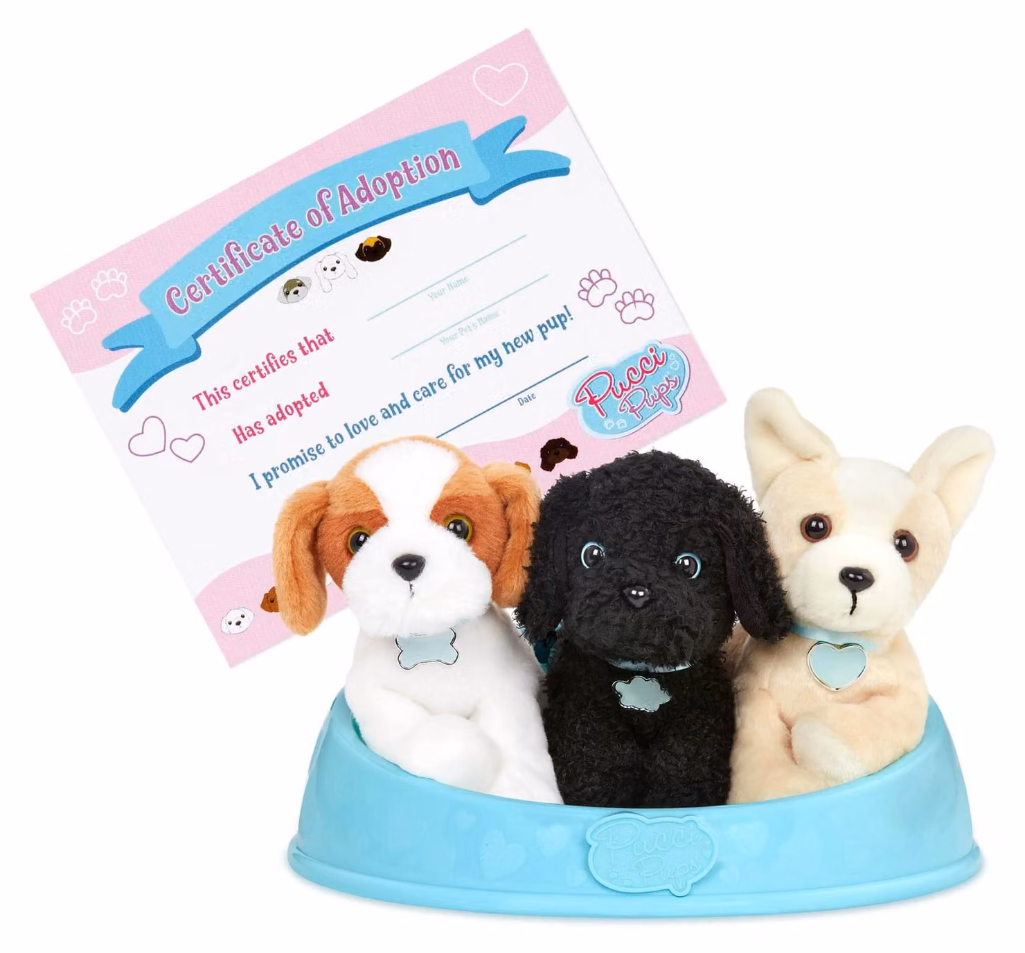 Set di cuccioli di peluche con cuccia per cani – 3 cani da adottare