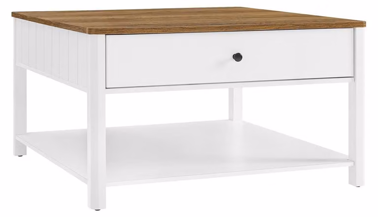 Tavolino con 2 cassetti – realizzato in pannello di particelle e MDF – dimensioni 80 x 80 x 45 cm – colore marrone e bianco