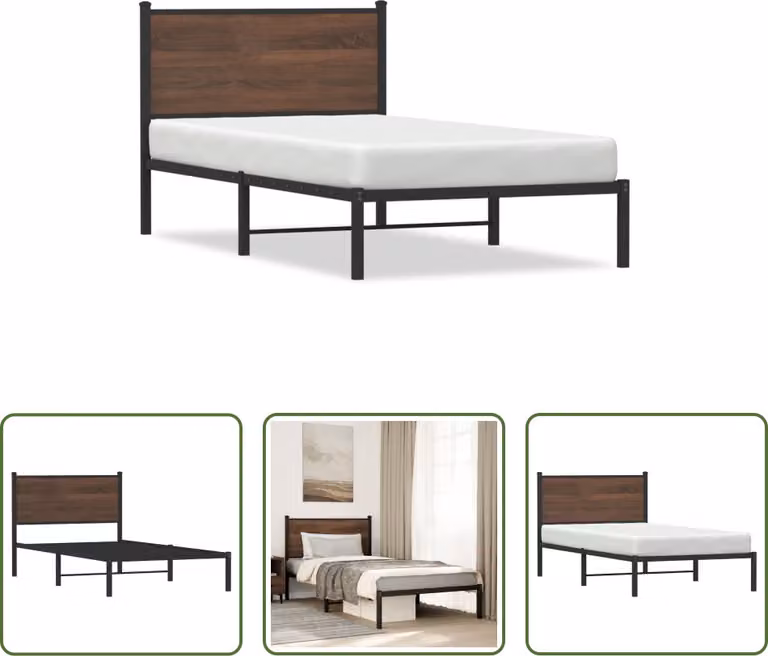 The Living Store Struttura letto con testiera in metallo effetto rovere marrone 100x190 cm