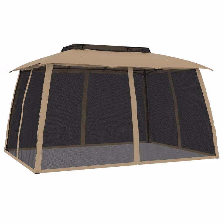 Gazebo con Tetto Doppio/Pareti Rete Tortora 3,93x2,93 m Acciaio