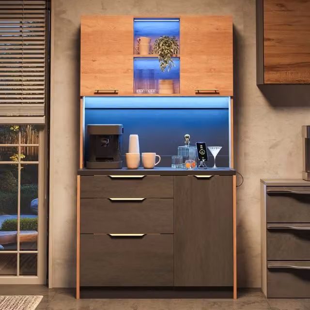 Armadio Pensile Cucina ¨C Xylo ¨C Nero, Effetto Cemento, LED, 100x40x180 cm