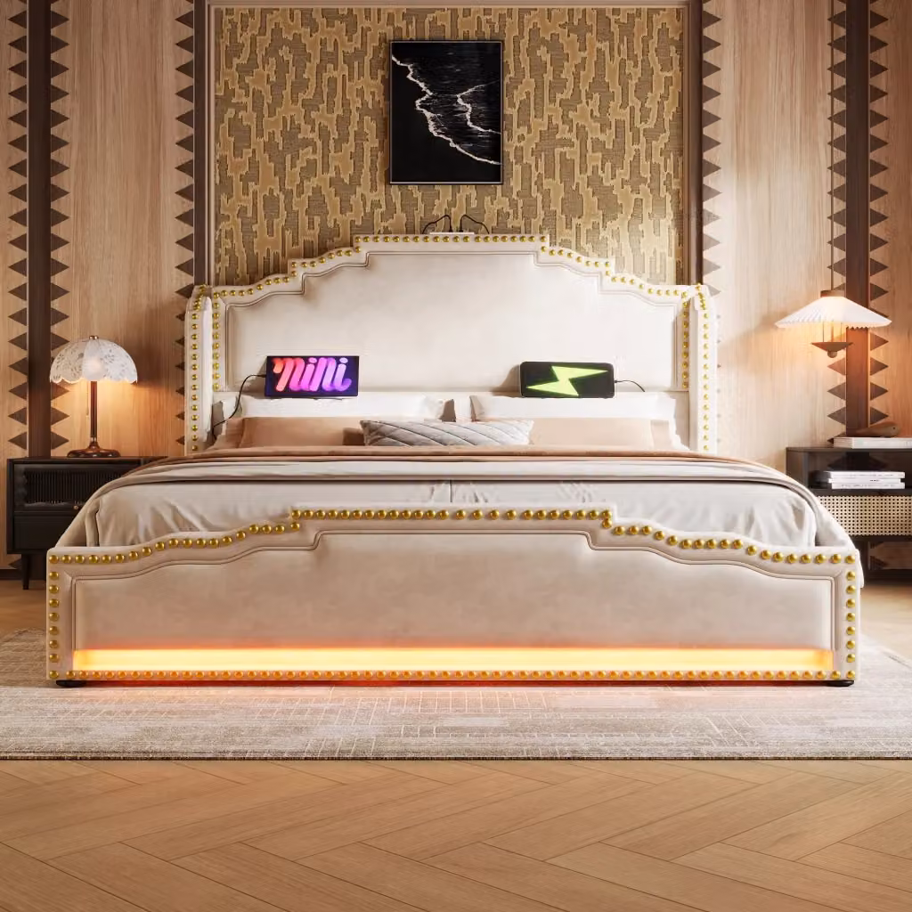 Letto matrimoniale REDOM in velluto beige con 4 cassetti, illuminazione LED e porte USB, L/P/H: 140 x 200 cm, materasso incluso – 2