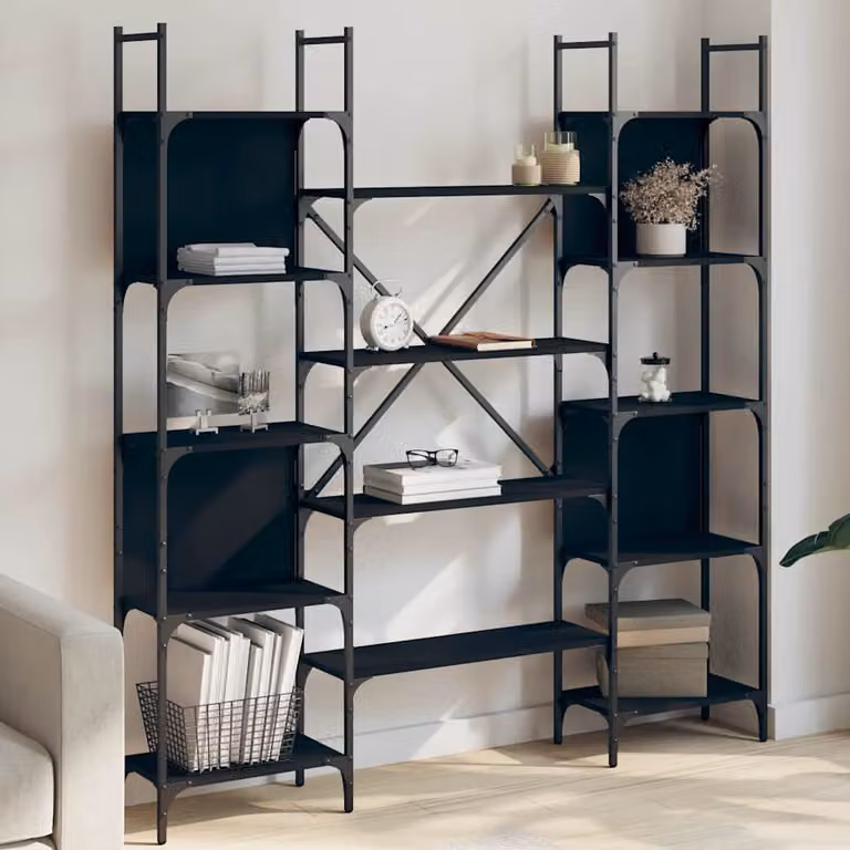 Libreria moderna vidaXL in legno e metallo nera con pannello posteriore L: 155,5 cm, P: 24 cm, H: 166,5 cm