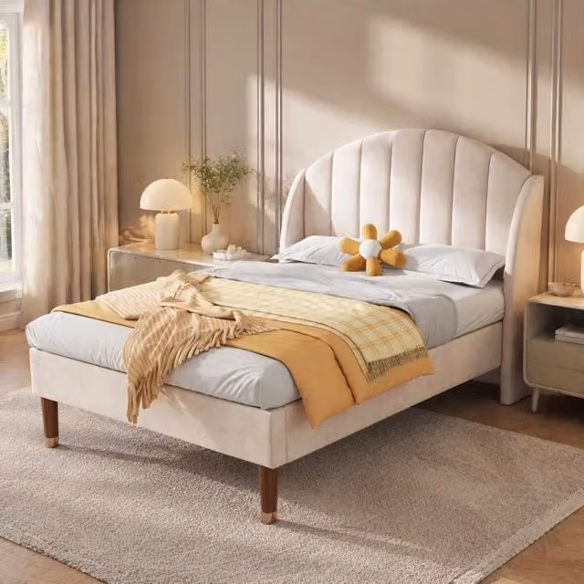 Letto singolo imbottito 90x200 cm in velluto beige con rete a doghe e testiera