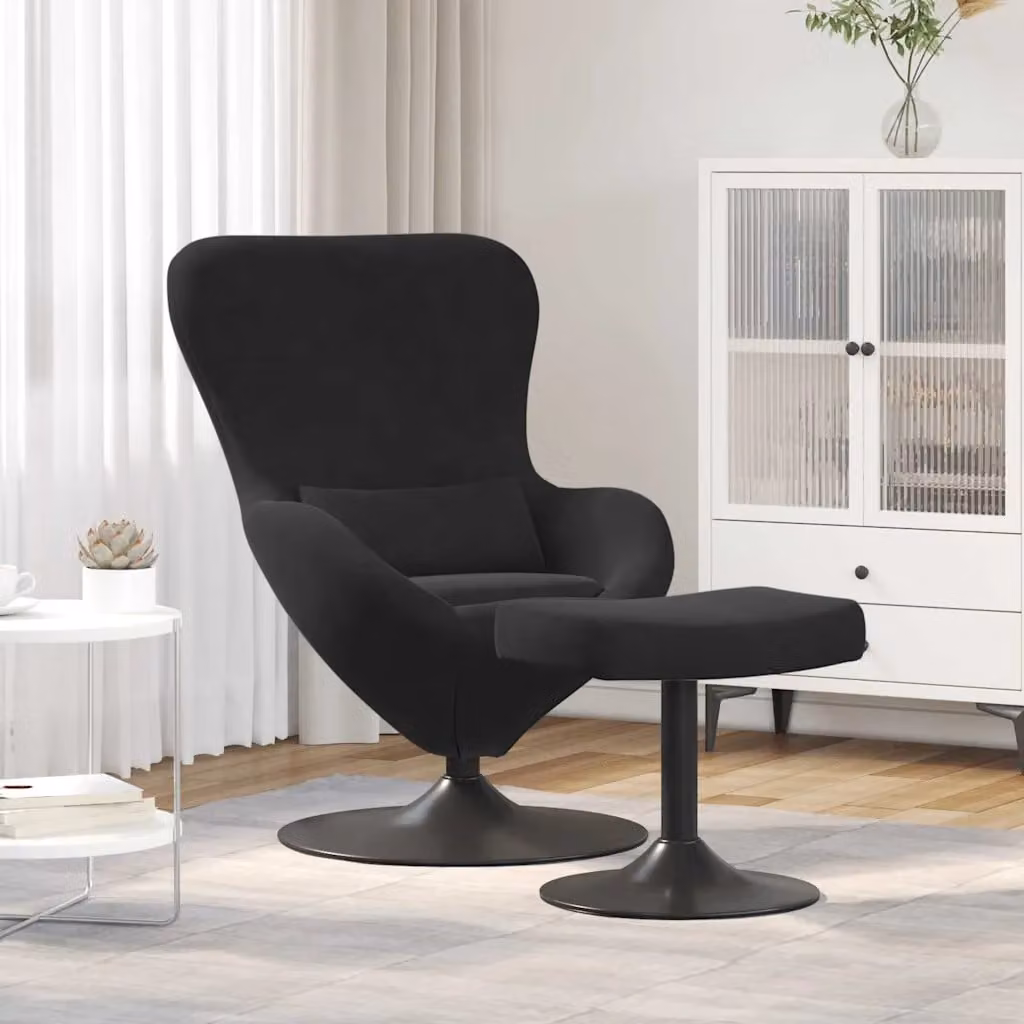 vidaXL Sedia Egg con Pouf in Velluto Nero e Struttura in Metallo con Rotazione a 360 Gradi