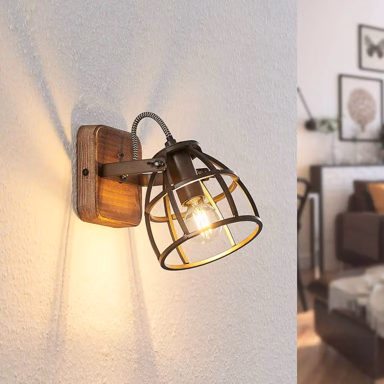 Faretto da soffitto Lindby Rutger, 16cm, a 2 luci, legno, gabbia, E14 Rutger Lindby, dimmerabile, Legno scuro, Soggiorno / Sala da pranzo, Metallo, Vintage, Plafoniera