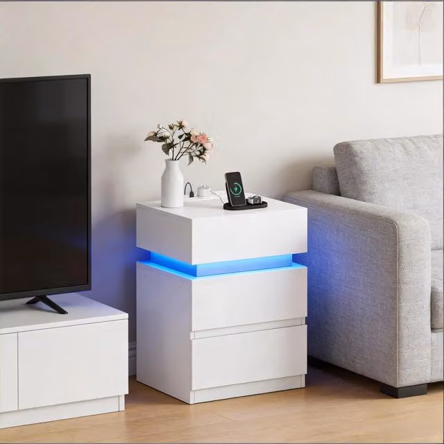 Comodino con LED regolabile e stazione di ricarica 2 prese 2 USB in legno bianco 40 × 35 × 55 cm