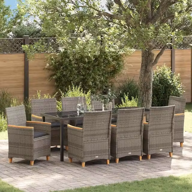 Set da pranzo per giardino e terrazzo vidaXL in polyrattan grigio con tavolo in vetro e 9 pezzi – 1
