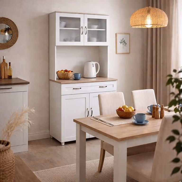Buffet da cucina con elemento in vetro, colore bianco, modello Blanca di