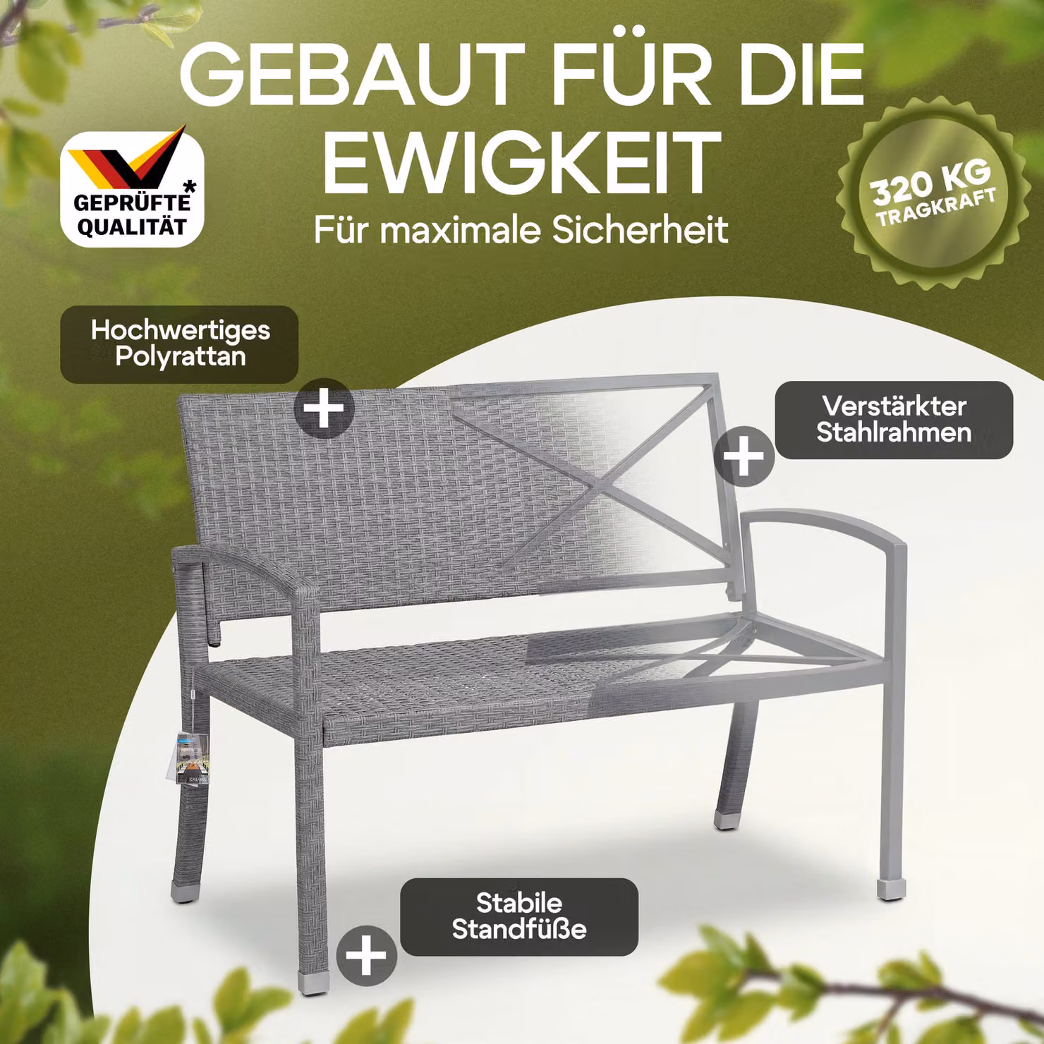 Panchina da giardino moderna Casaria in polyrattan grigio con braccioli L/P/H: 122 x 90 x 55 cm – 4