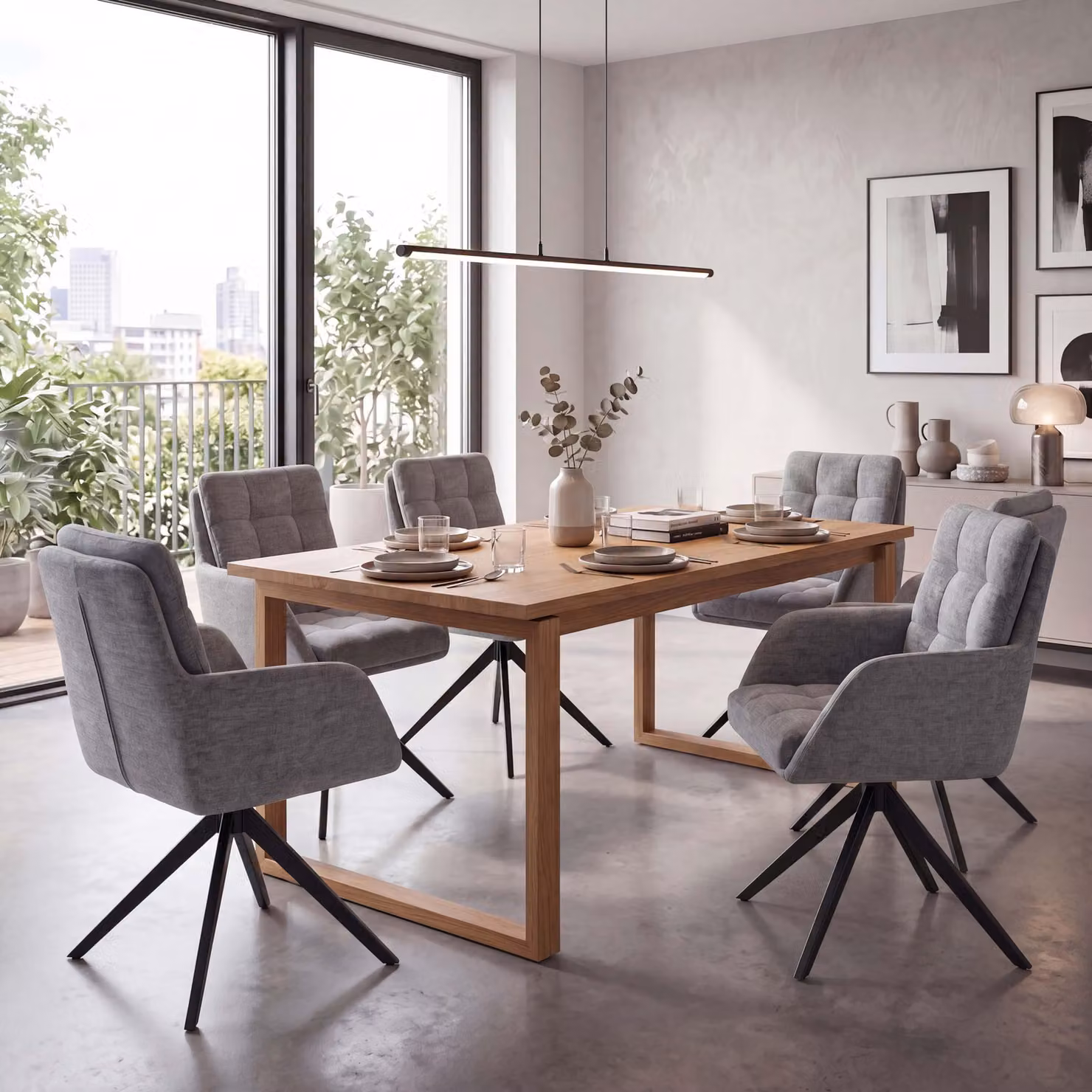 Set di 6 sedie da pranzo modello HWC-Q36, sedia girevole per cucina con sistema di ritorno automatico, rivestita in tessuto chenille (680g/m²), struttura in metallo, colore grigio
