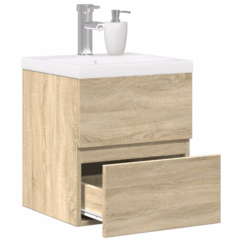Set di mobili da bagno vidaXL composto da 2 pezzi in legno multistrato, colore rovere e bianco, con pensile e mobile lavabo moderno L/P/H: 45,0 x 41,0 x 38,5 cm e 76,7 x 45,0 x 41,0 cm