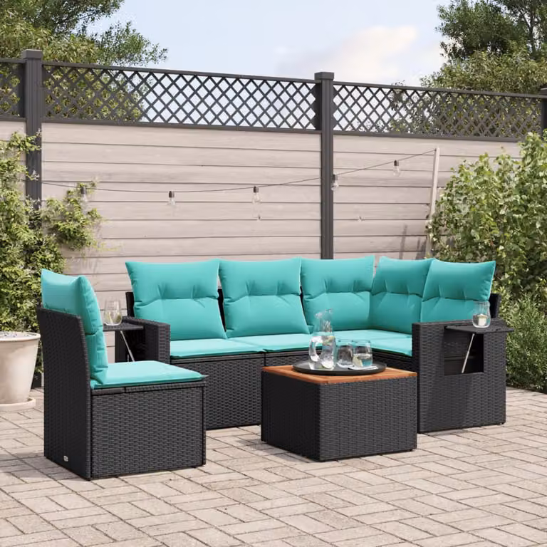 Set di divani da giardino vidaXL in polyrattan nero con cuscini e tavolino da esterno a forma di L per 6 persone