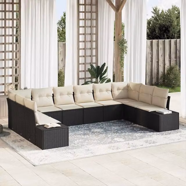 Set Divano da Giardino a L vidaXL in Polyrattan Nero con Cuscini Beige e Struttura in Acciaio Verniciato a Polvere 10 Pezzi