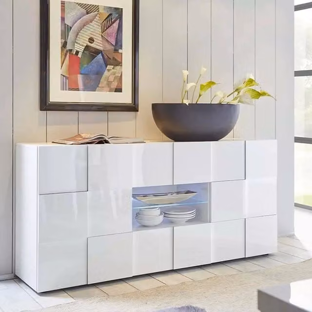Credenza Zerba DMORA, Buffet e Madia moderna per soggiorno o cucina, Bianco lucido, L: 181 cm, P: 43 cm, H: 84 cm – 1