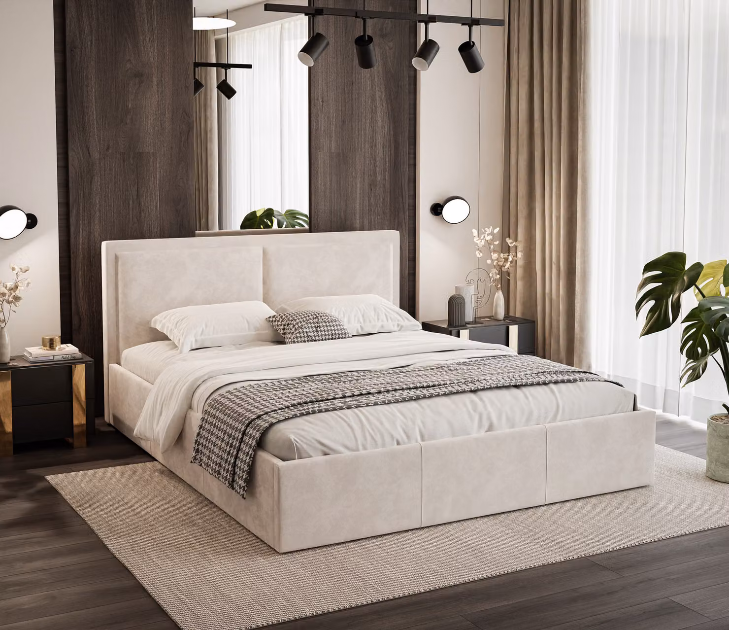 Letto imbottito Sofello 140x200 in velluto color crema beige chiaro, con struttura a doghe in legno e vano contenitore.