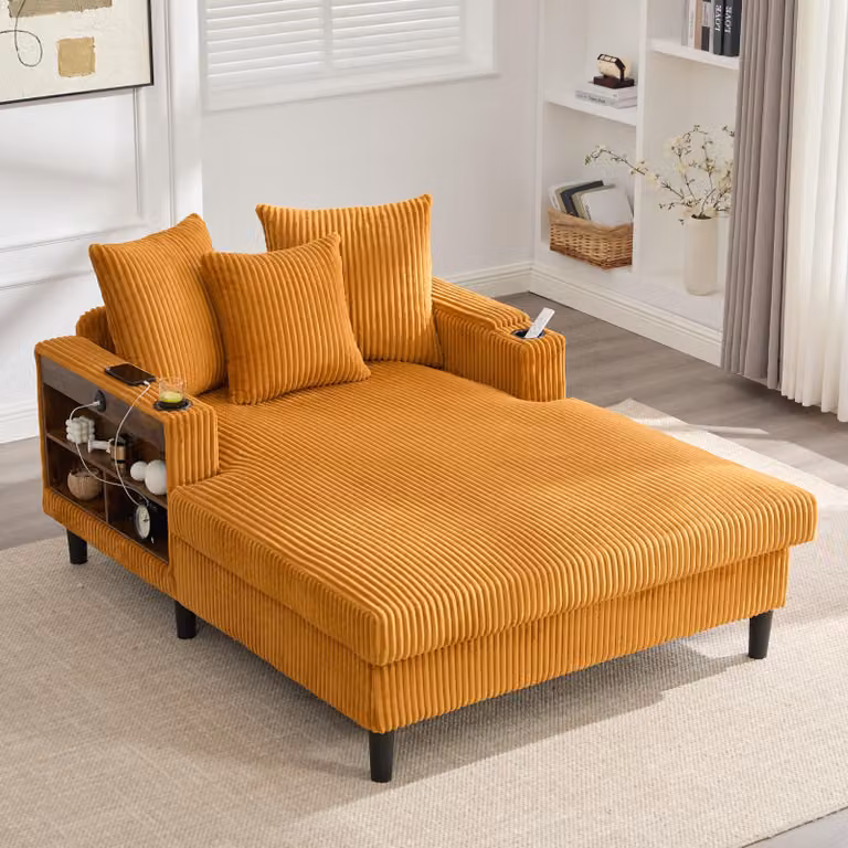 Divano letto LVHOM con LED e porta-USB, chaise longue con portabicchieri e vano portaoggetti, ampio divano singolo con portata fino a 300 kg, 3 cuscini inclusi, 129x170 cm, giallo