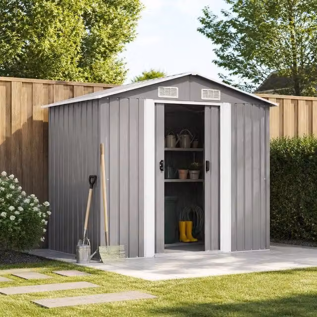 Garden Shed, Grey Metal, 204 X 132 X 186 Cm