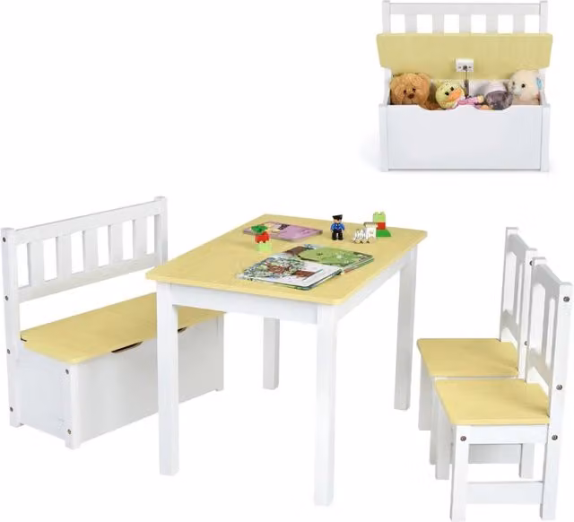 Set tavolo multifunzionale per bambini in stile scandinavo con 2 sedie e 1 panca contenitore in legno di pino, L: 70 cm, P: 48 cm, H: 50 cm
