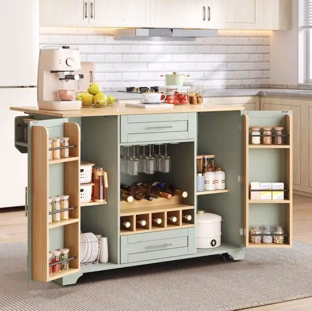 Carrello da cucina con piano ribaltabile; 2 armadietti e portabottiglie; MDF verde antico