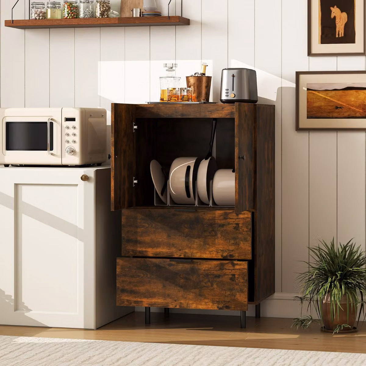 Credenza buffet e mobile contenitore con cassetti Costway, stazione bar da pavimento in legno e metallo, Marrone