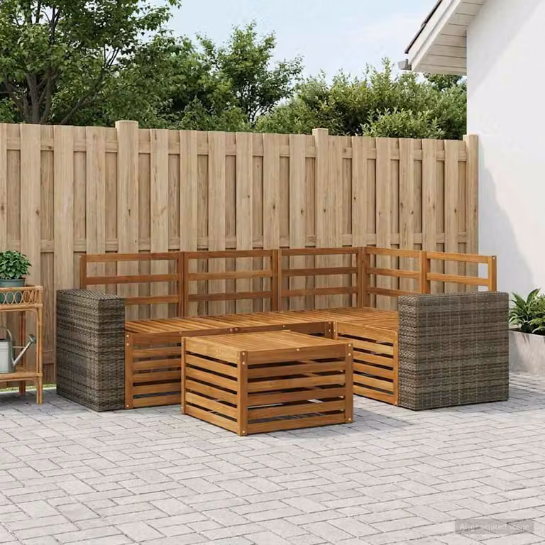 Set di divani da esterno vidaXL a forma di L con tavolino da caffè, struttura in legno di acacia e cuscini in poliestere resistente ai raggi UV, colore marrone