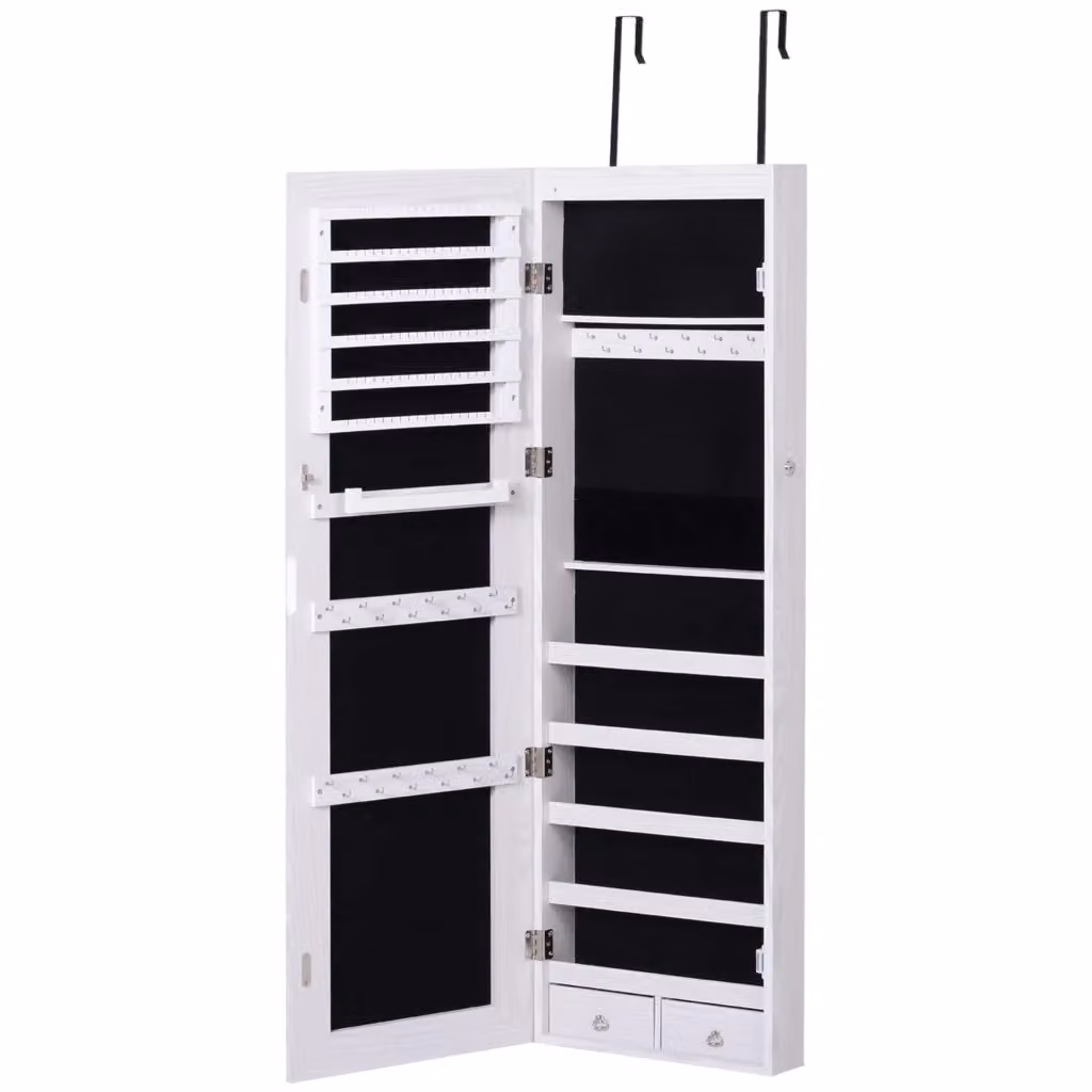 Specchio Portagioie da Parete con LED e Cassetti XYLO Bianco L 37 cm, H 120 cm, P 10 cm – 2