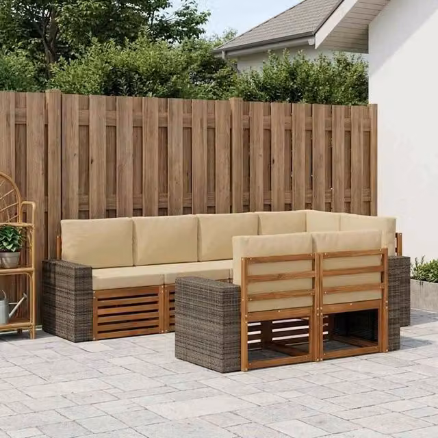 Set di divani da esterno vidaXL a forma di L in legno di acacia e tessuto beige con cuscini inclusi – 1