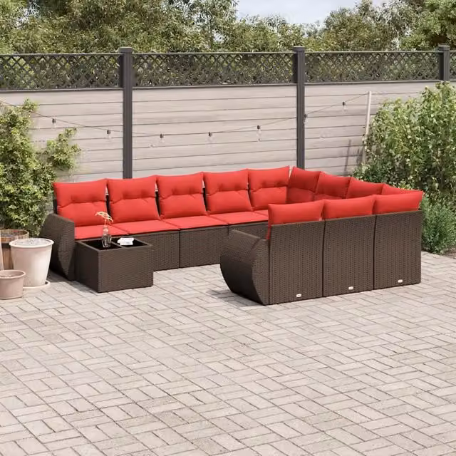Set Divani da Giardino 11 pz con Cuscini Marrone in Polyrattan 3221933