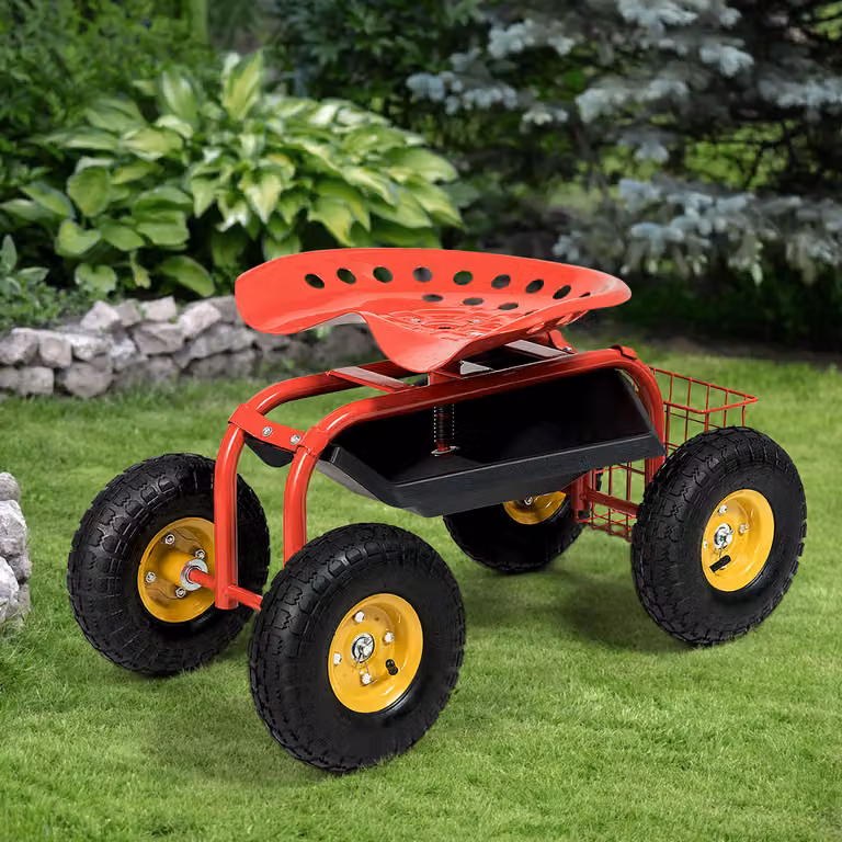 Sgabello da giardino con ruote e seduta girevole a 360° regolabile in altezza con cestello Costway, Rosso