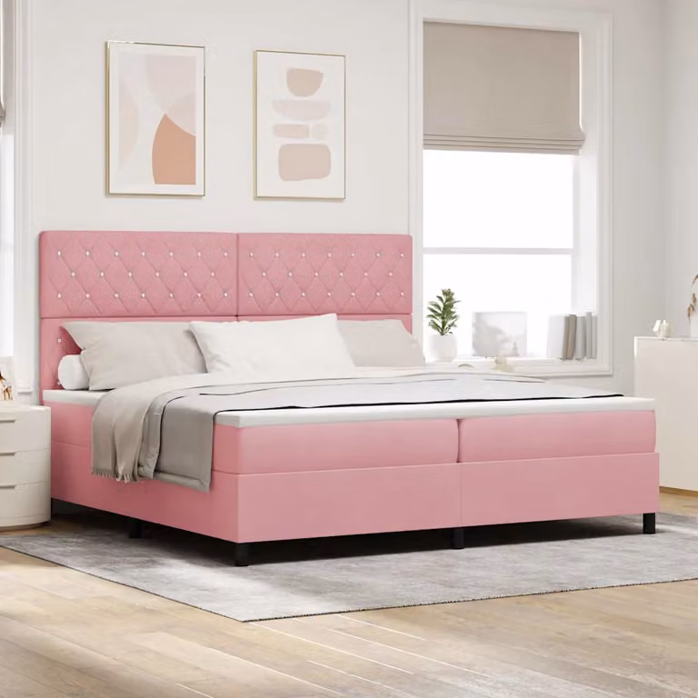 Letto moderno vidaXL in velluto rosa con illuminazione LED sottostante e materasso, L/P: 200 x 200 cm, H: 280 cm