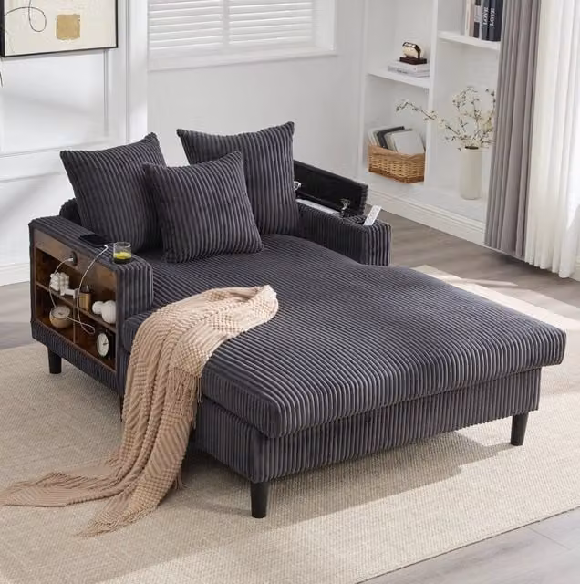 Chaise longue imbottita in velluto a coste grigio scuro con LED; USB e contenitore HAVRYA
