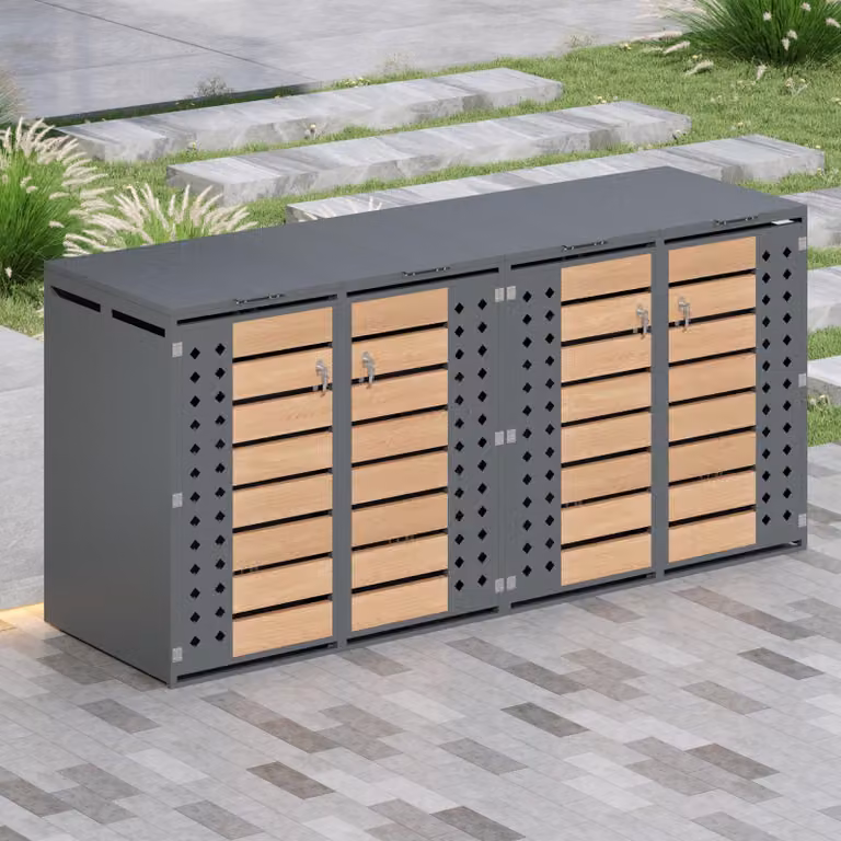 Box per bidoni della spazzatura Merax a 2 scomparti con coperchio ribaltabile, intagli laterali a forma di diamante, venature del legno orizzontali, chiudibile a chiave, 2 scomparti per giardino e cortile